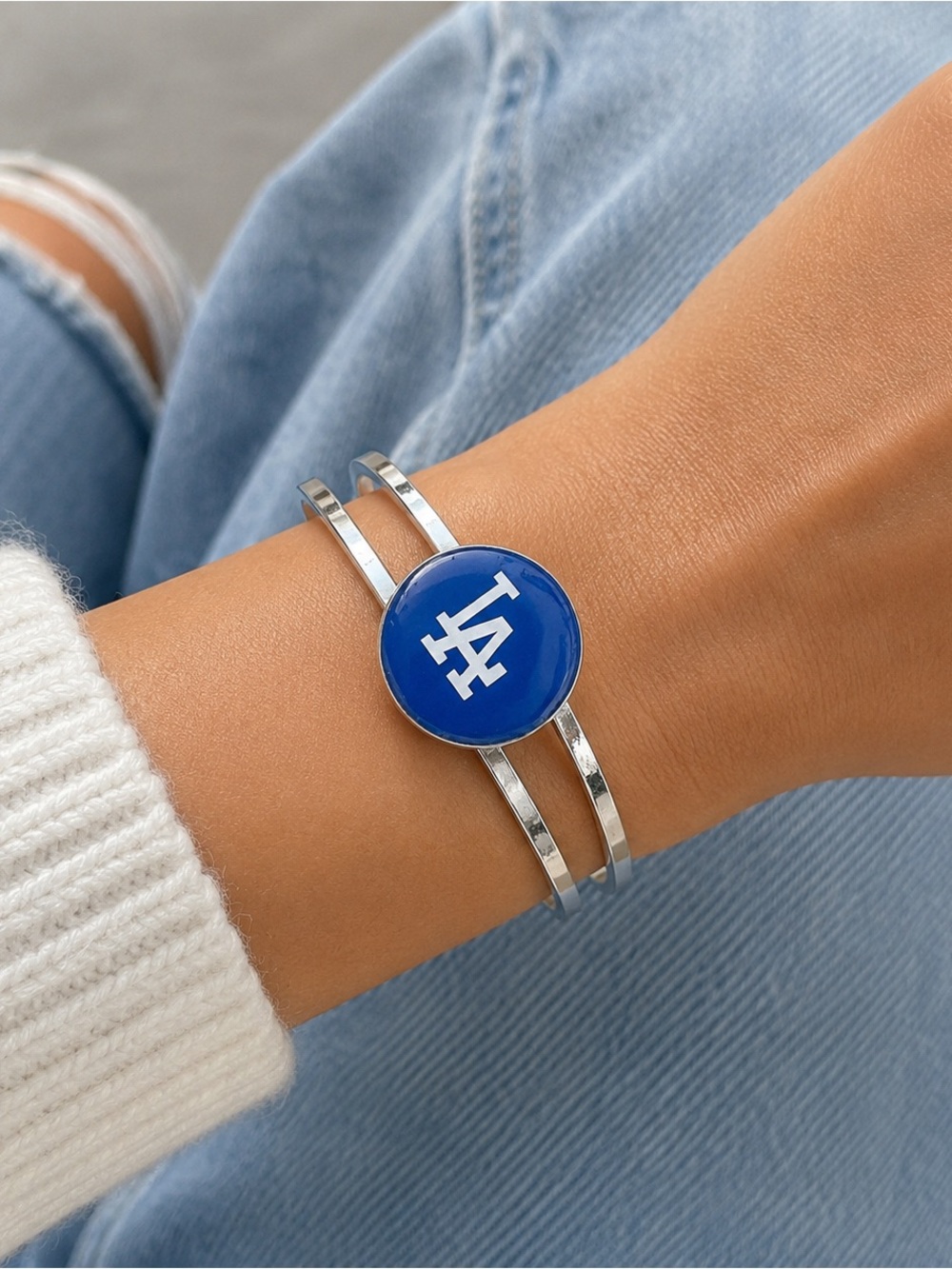Los Angeles Dodgers Silver Double-Band Bangle Cuff  Bracelet w/ White LA Emblem